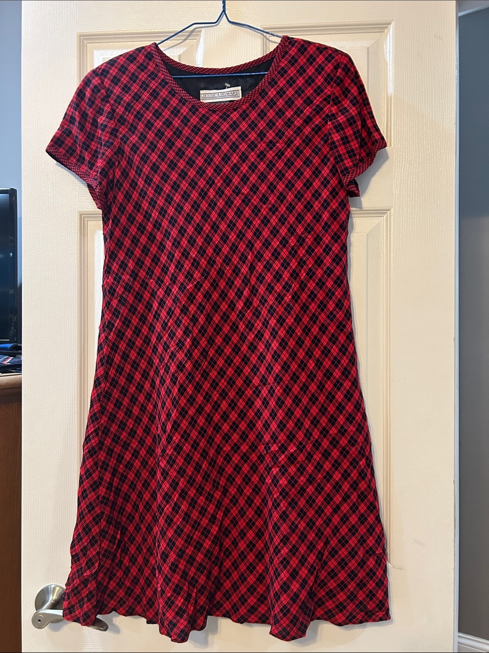 Vintage Jessica Howard Red and Black Plaid Short-Sleeve A-Line Dress